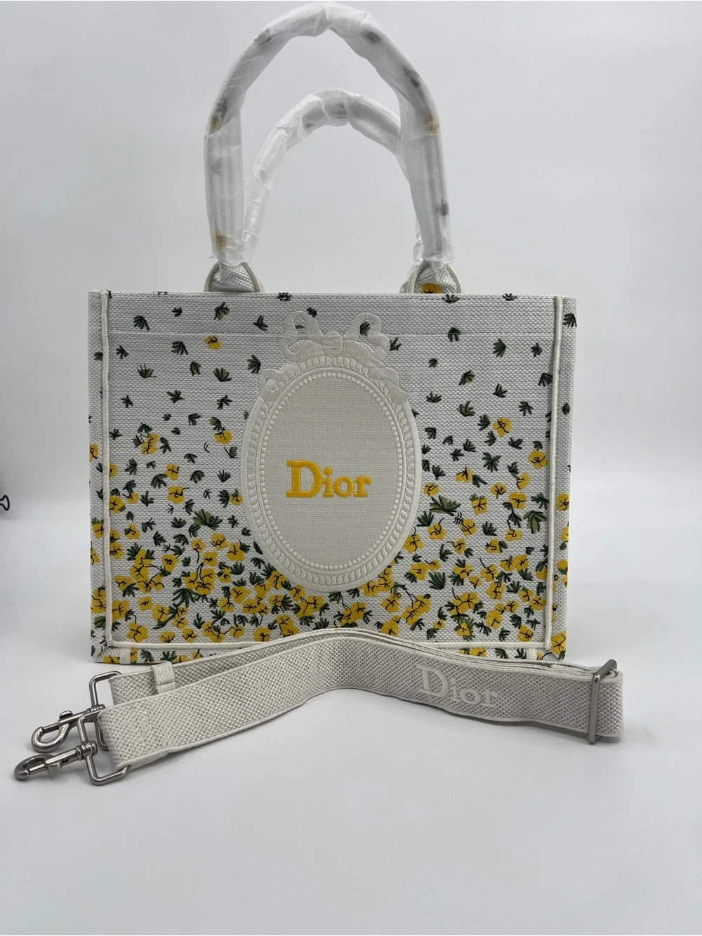 Medium Canvas White Floral Embroidered Book Tote with Yellow Accents